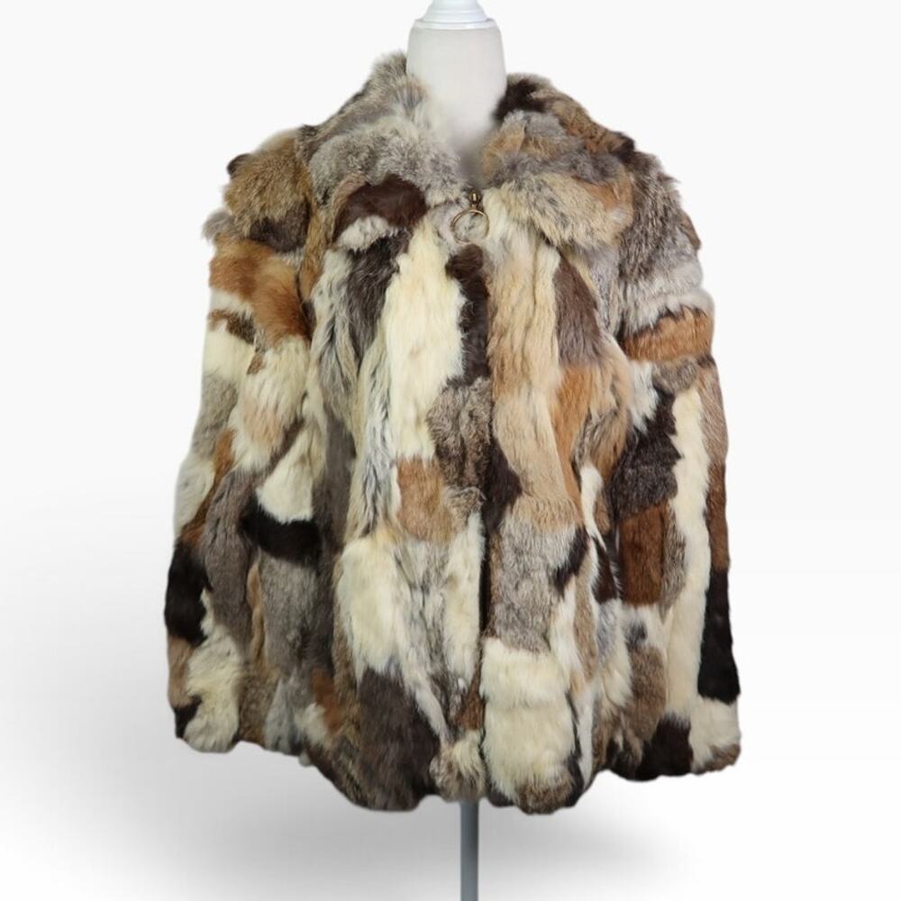 Vintage 70s Rabbit Fur Patchwork Jacket Brown Cream Grey Shaggy Coat M